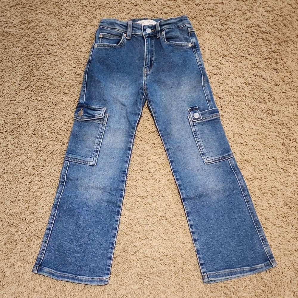 Zara Girls Blue Jeans With Side Pockets & Adjustable Waistband Size 8 128cm